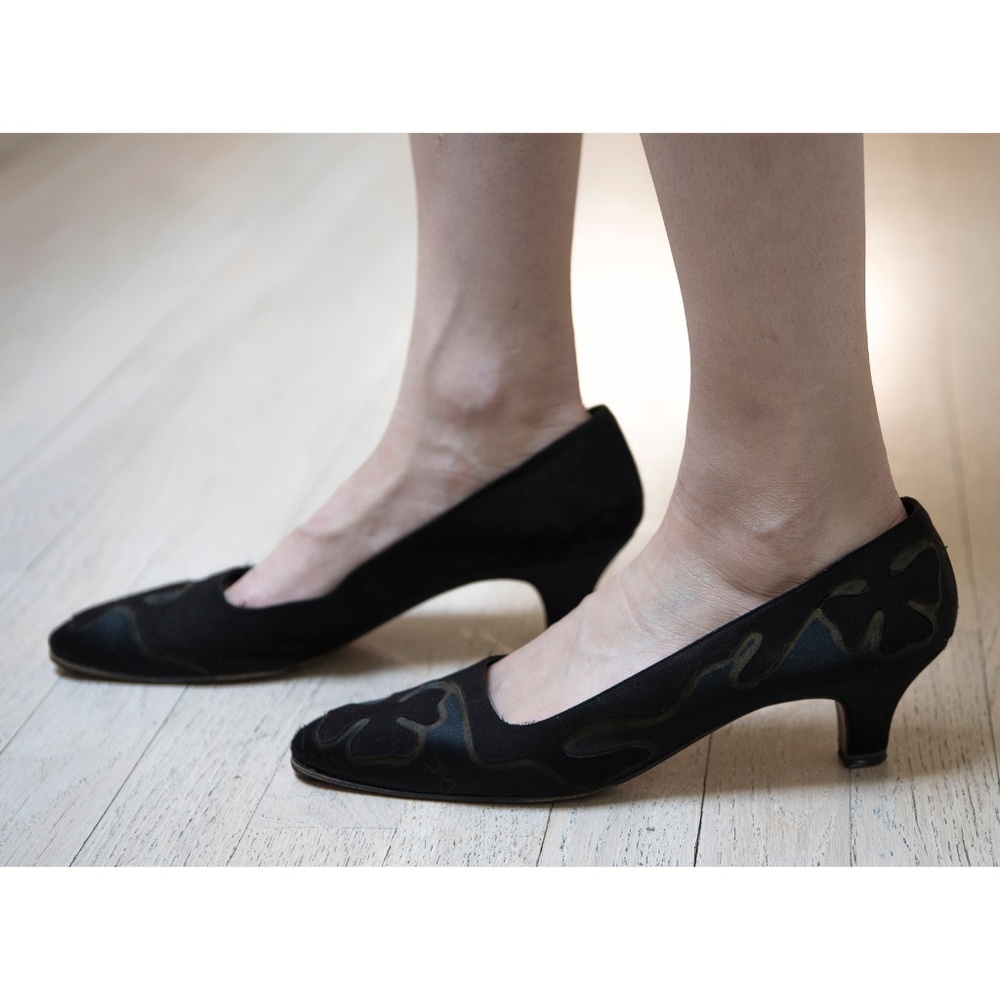 Black Silk and Suede - Gold Accent Kitten Heels